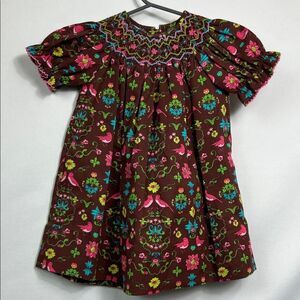 Edgehill Collection brown & pink floral bird print smocked embroidered dress 12m